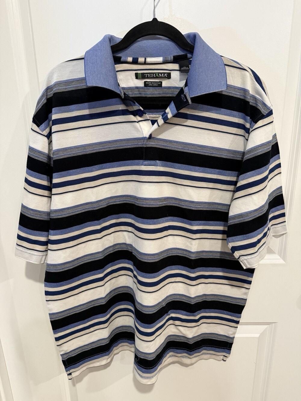 Tehama Polo Men's Sz L 100% Double Mercerized Pima Cotton Blue Striped Golf Polo